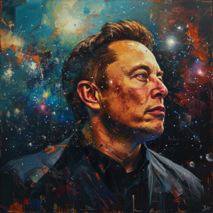 Elon Musk over a cosmic space background, oil painting