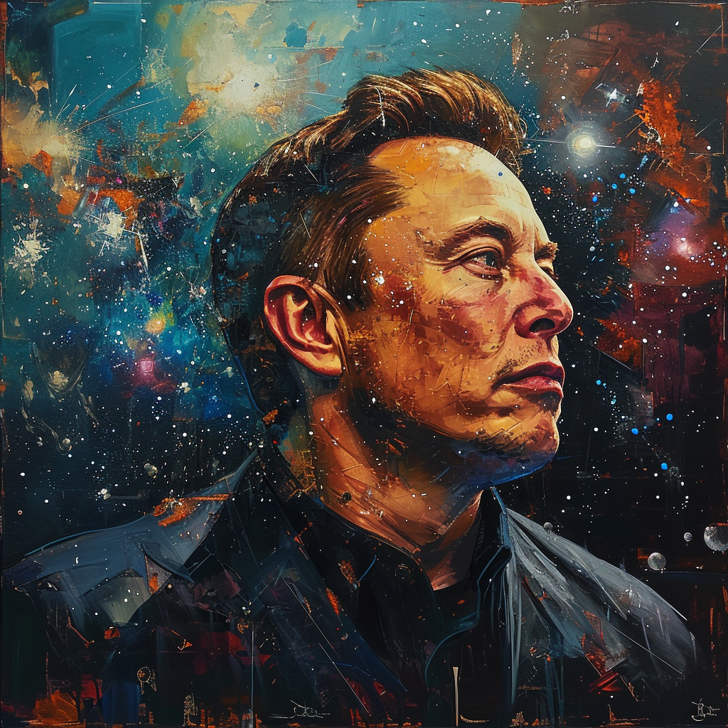 Elon Musk over a cosmic space background, oil painting