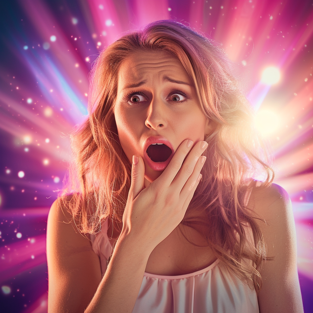 woman gasping, hand in front of mouth