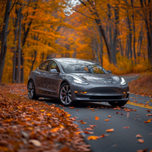 gray Model 3, fall leaves
