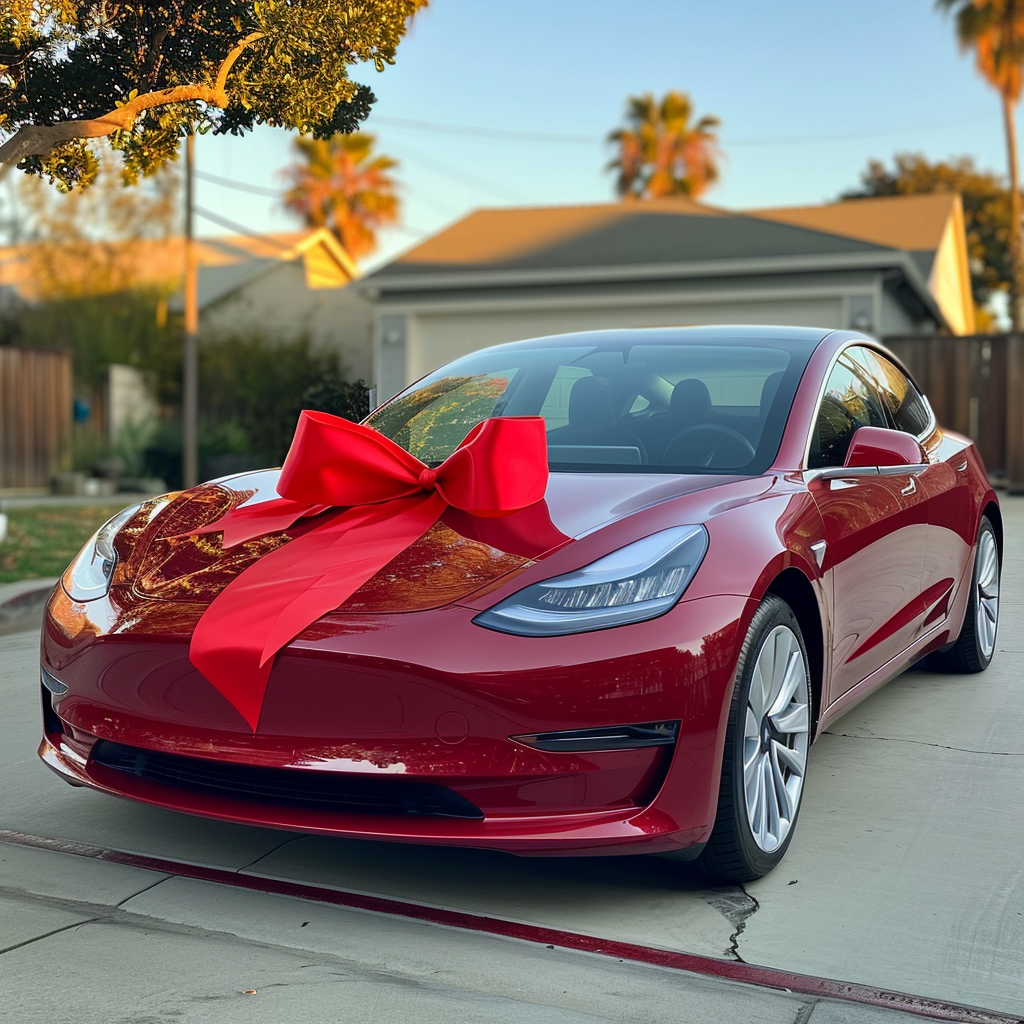 red Model 3, big red bow