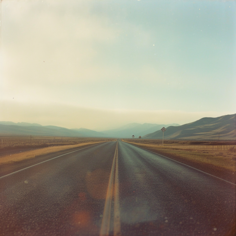 open road, grainy film