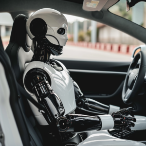 A robot seeming to be driving a Tesla.