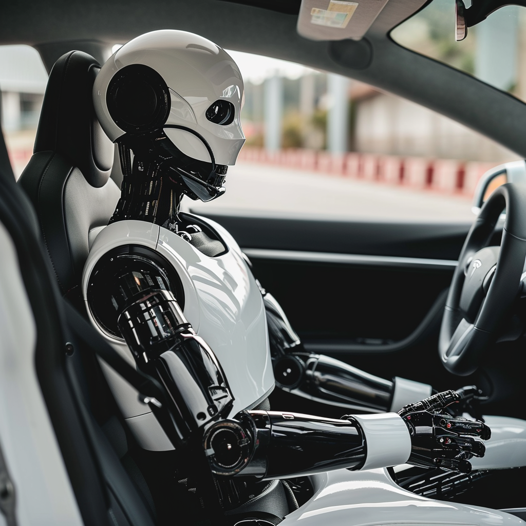 A robot seeming to be driving a Tesla.