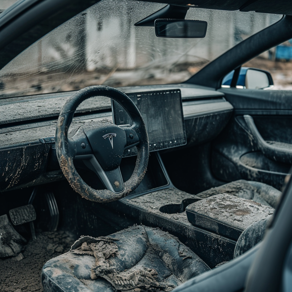 muddy Tesla interior