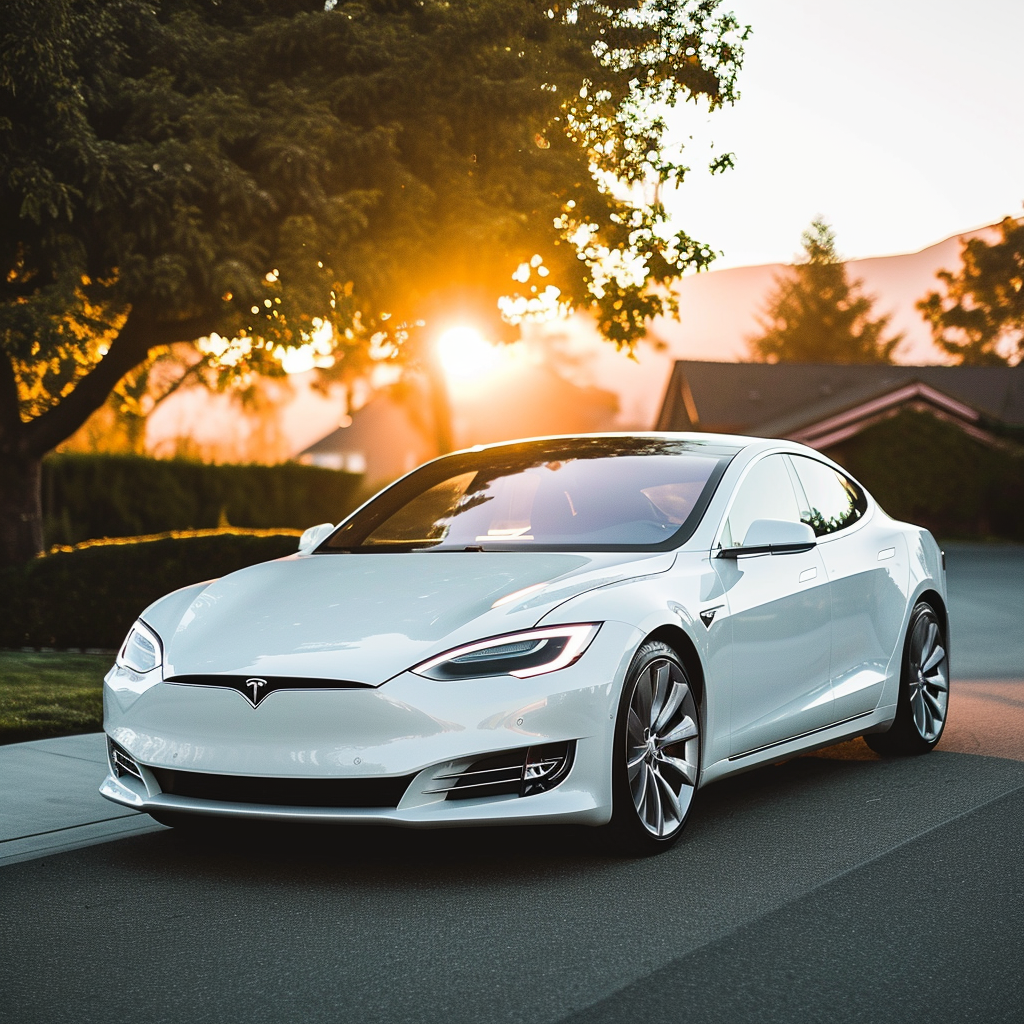 a clean Tesla Model S, white, sun shining in the background