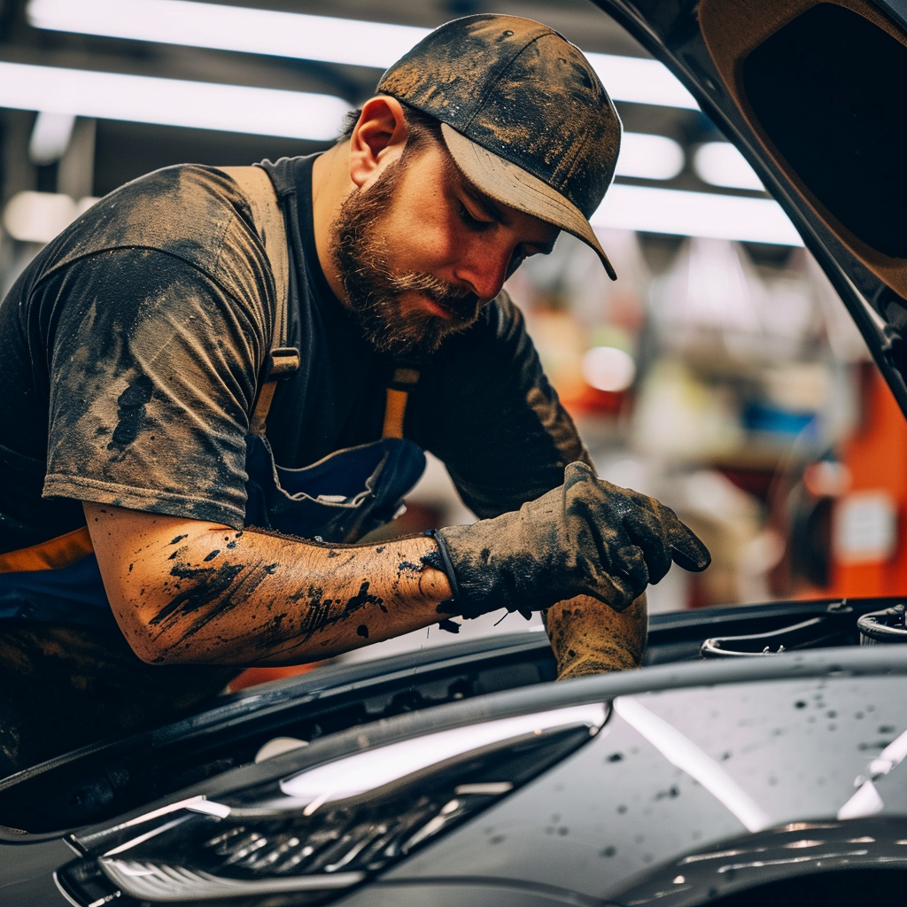 oily mechanic working on a Tesla Model 3